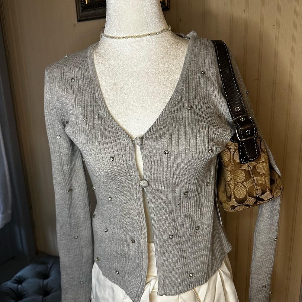 Madden Girl Ribbed Cardigan Small Grey Rhinestone Y2K Button Front NWT
